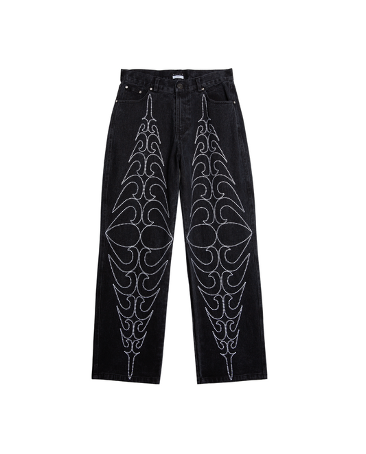 Tribal Spear Denim Pants BLACK