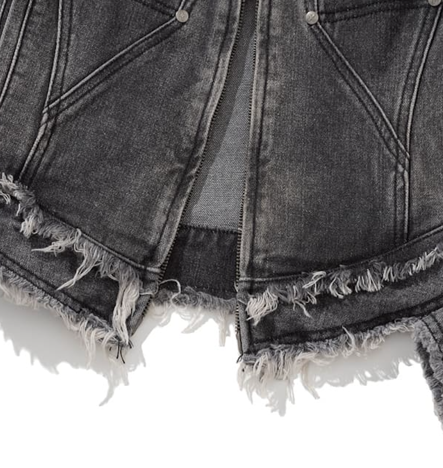 W Cut Off Incision Vintage Denim Jacket BLACK