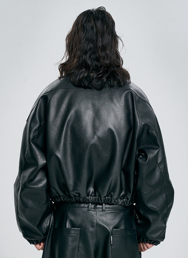 Vegan Leather Short Blouson Set BLACK