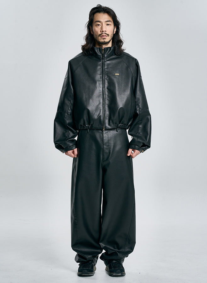 Vegan Leather Short Blouson Set BLACK
