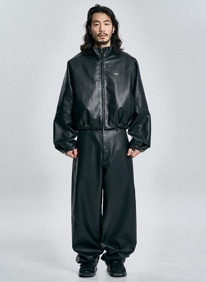 Vegan Leather Short Blouson Set BLACK