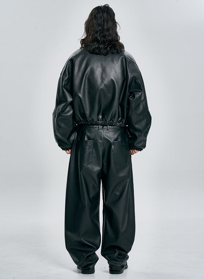 Vegan Leather Short Blouson Set BLACK