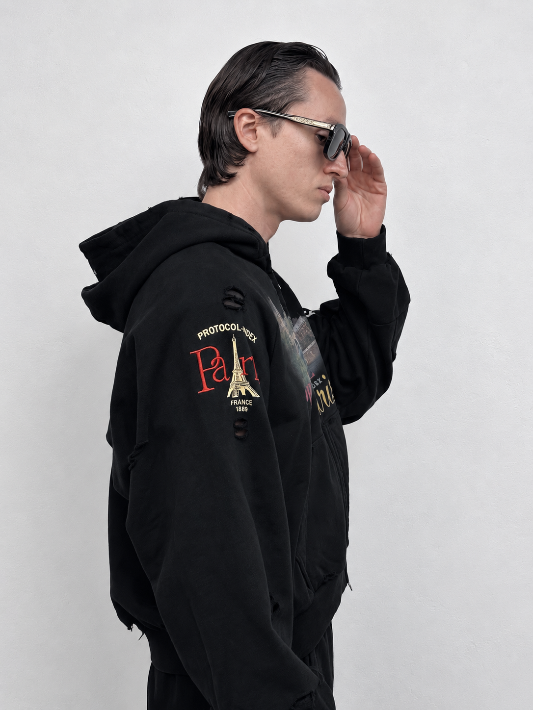 Paris Reconstructed Zip-Up Hoodie BLACK