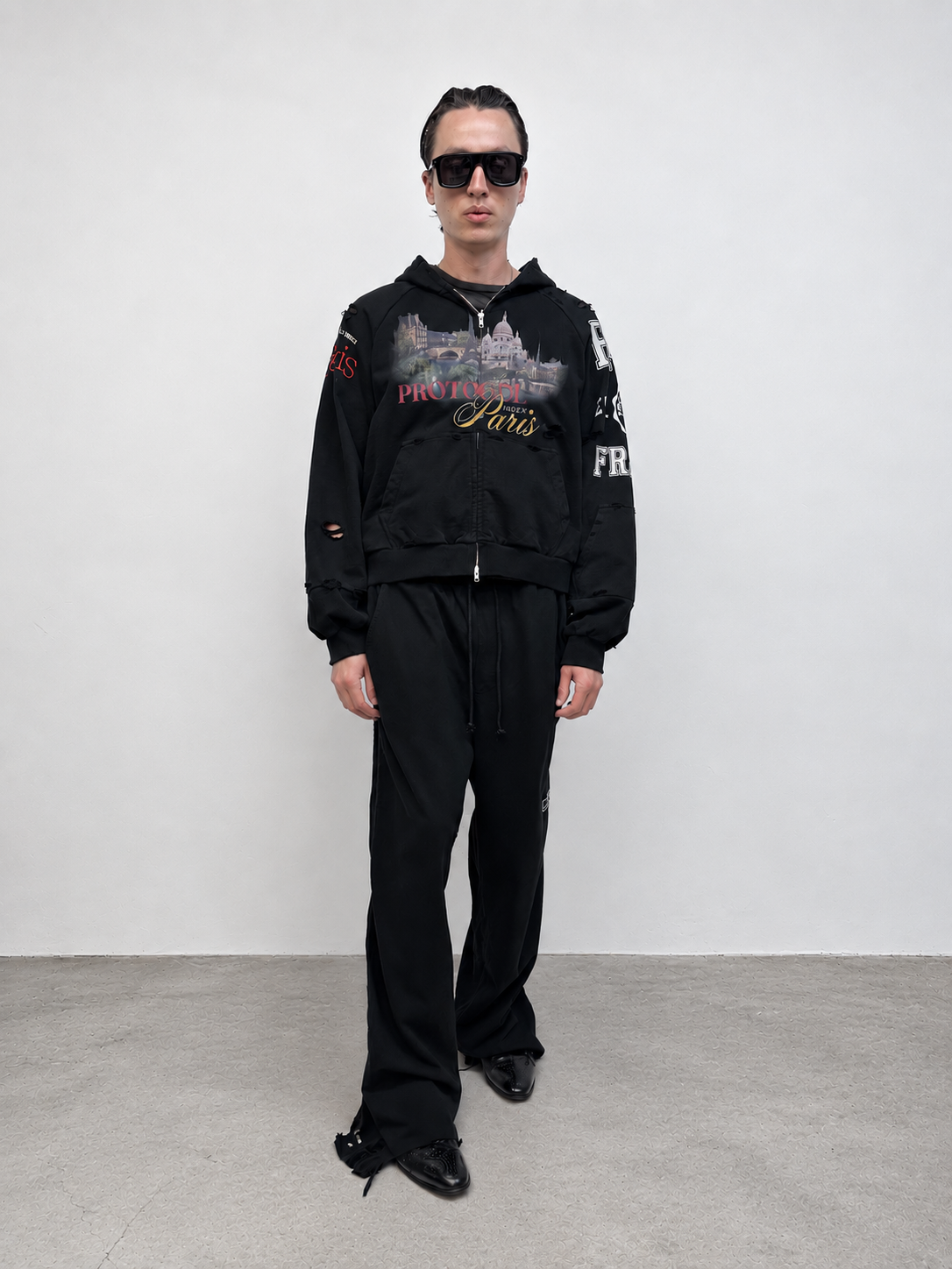 Paris Reconstructed Zip-Up Hoodie BLACK