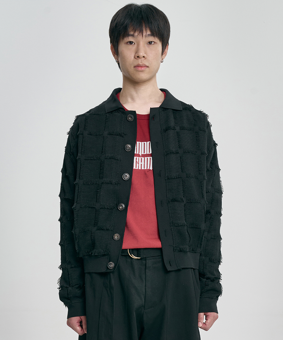 Fringe Check Cardigan BLACK