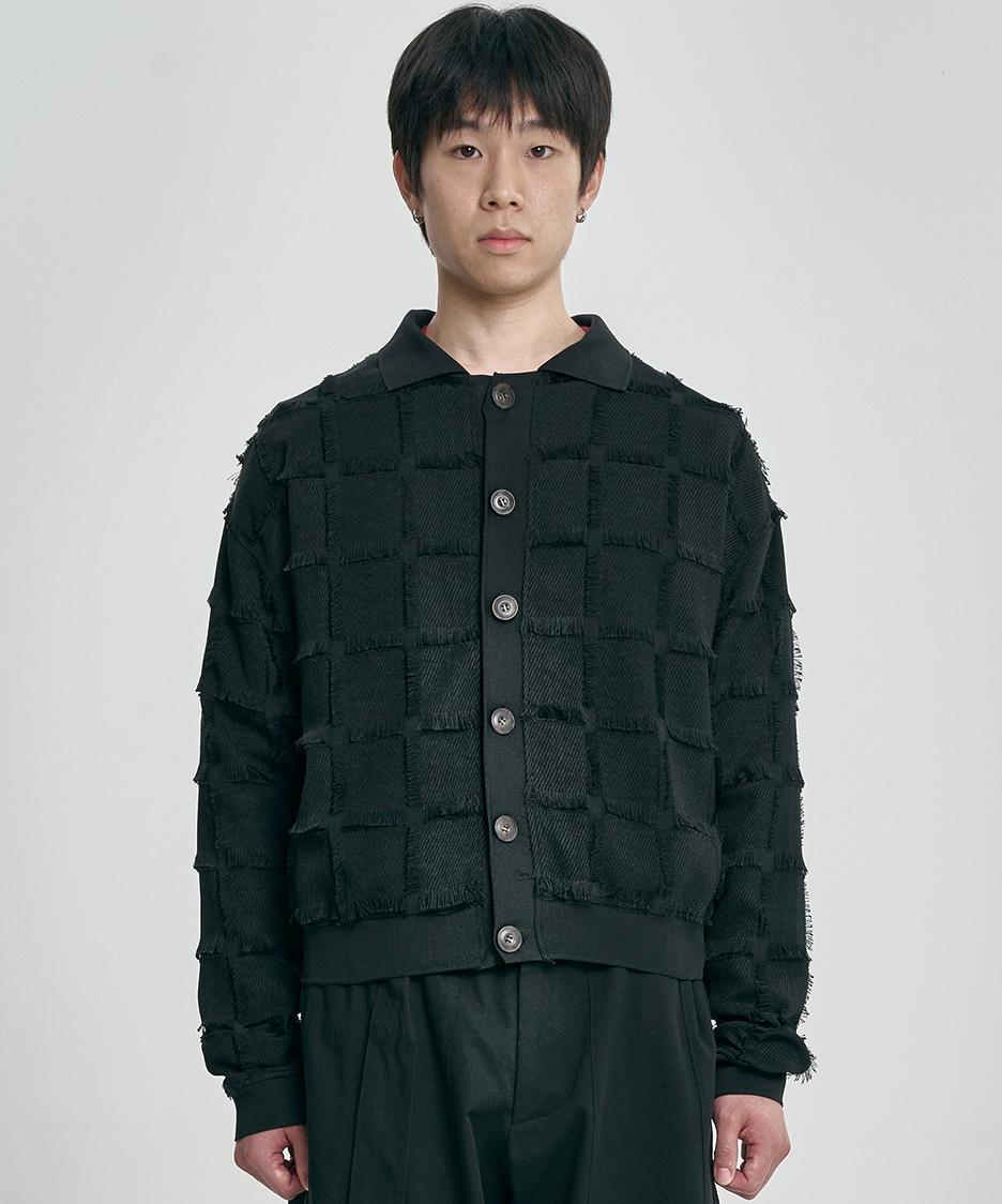 Fringe Check Cardigan BLACK