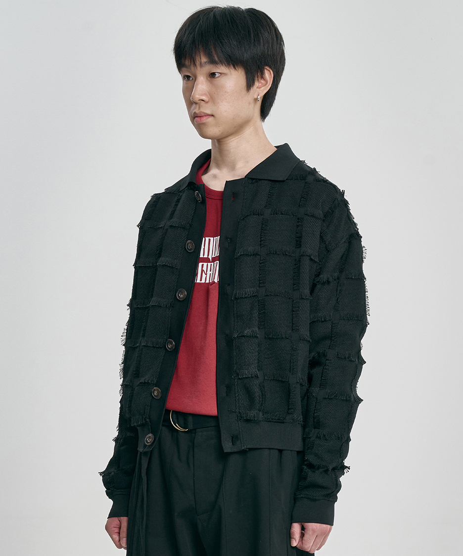 Fringe Check Cardigan BLACK