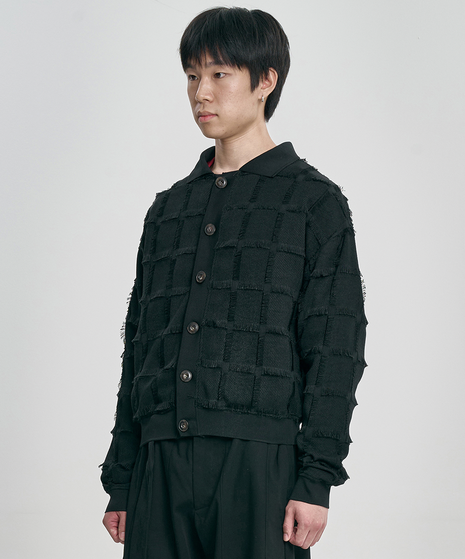 Fringe Check Cardigan BLACK