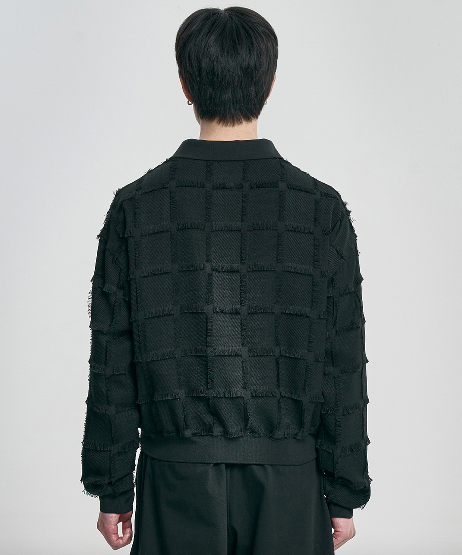 Fringe Check Cardigan BLACK