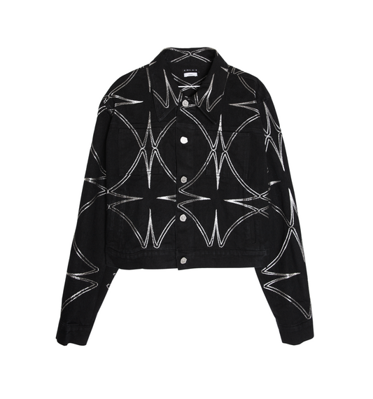 Metalic Four Leaf Clover Black Denim Jacket BLACK