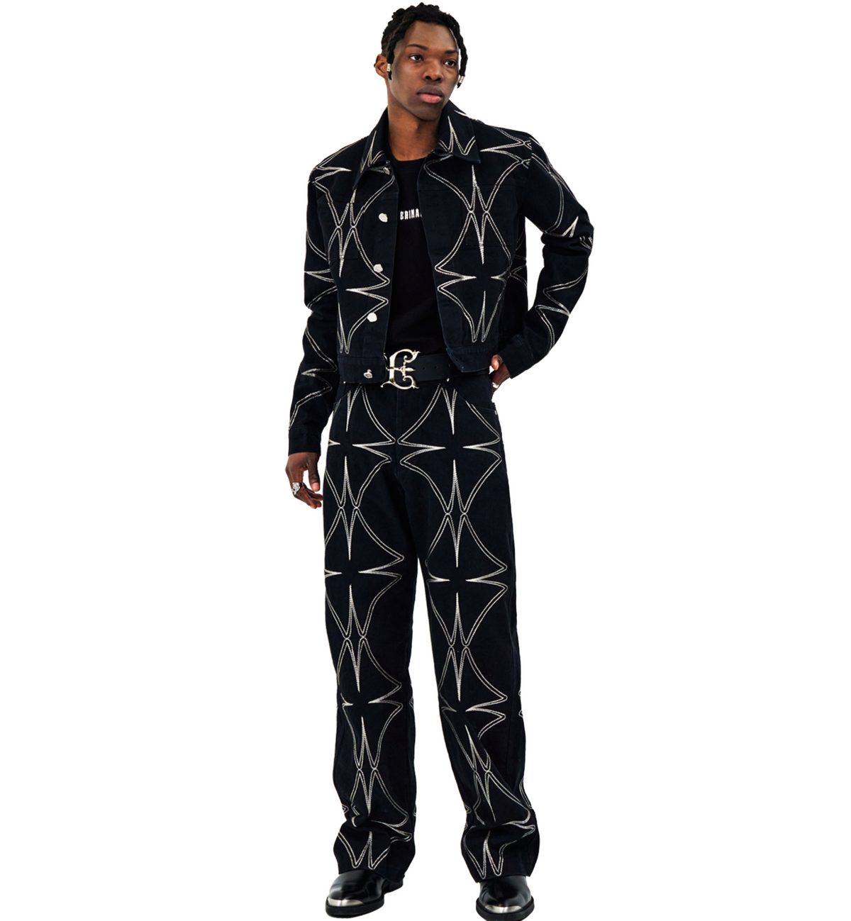 Metalic Four Leaf Clover Black Denim Jacket BLACK