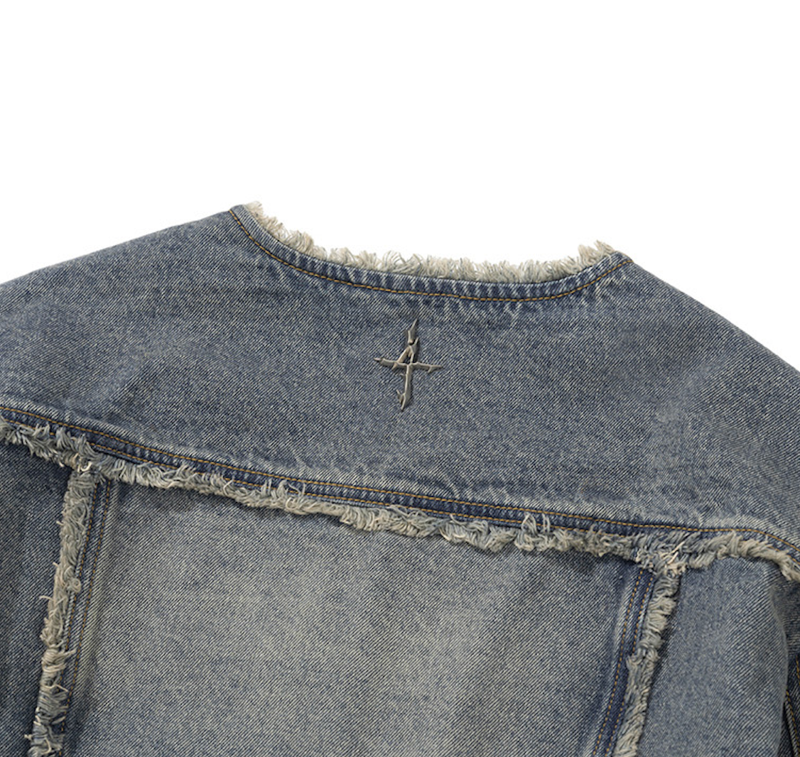Cut Off Non-Collar Denim Jacket DEEP BLUE