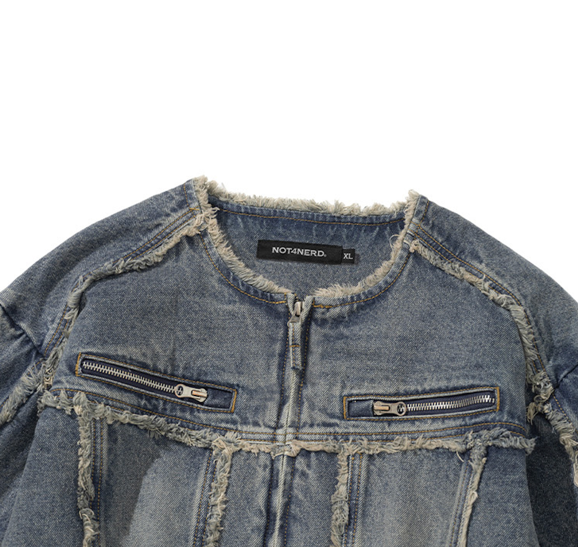 Cut Off Non-Collar Denim Jacket DEEP BLUE