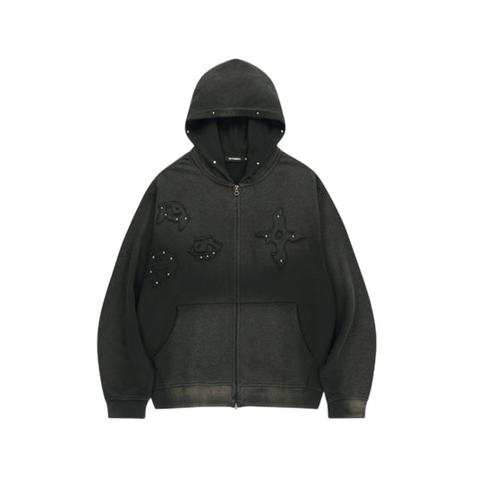 Stud Chasm Eyes Salt Washed Hood  Zip Up BLACK