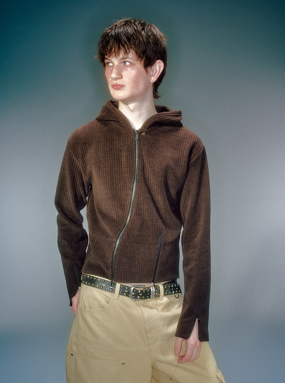 Moro Ribbed Hood Zip-Up BROWN
