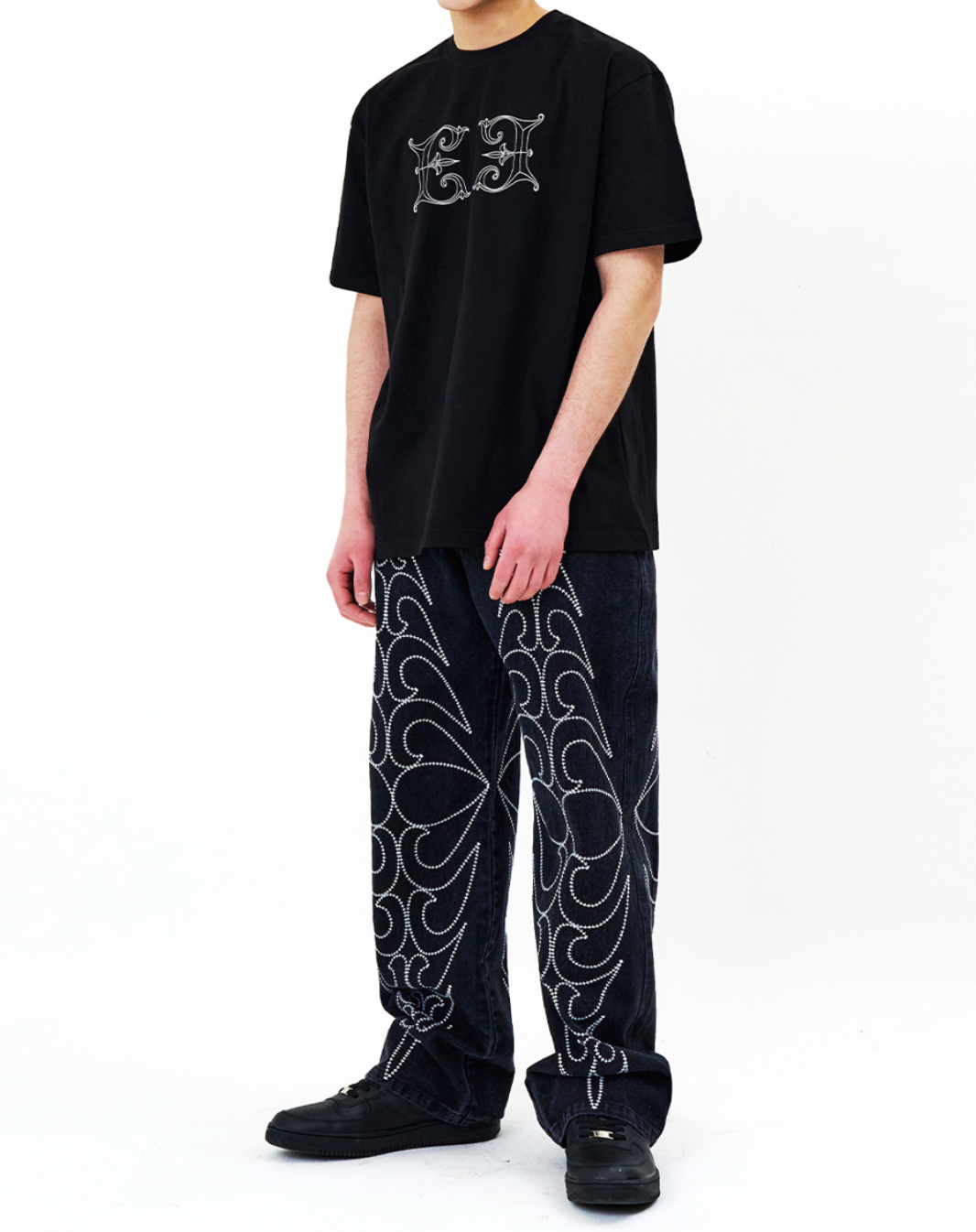 Tribal Spear Denim Pants BLACK