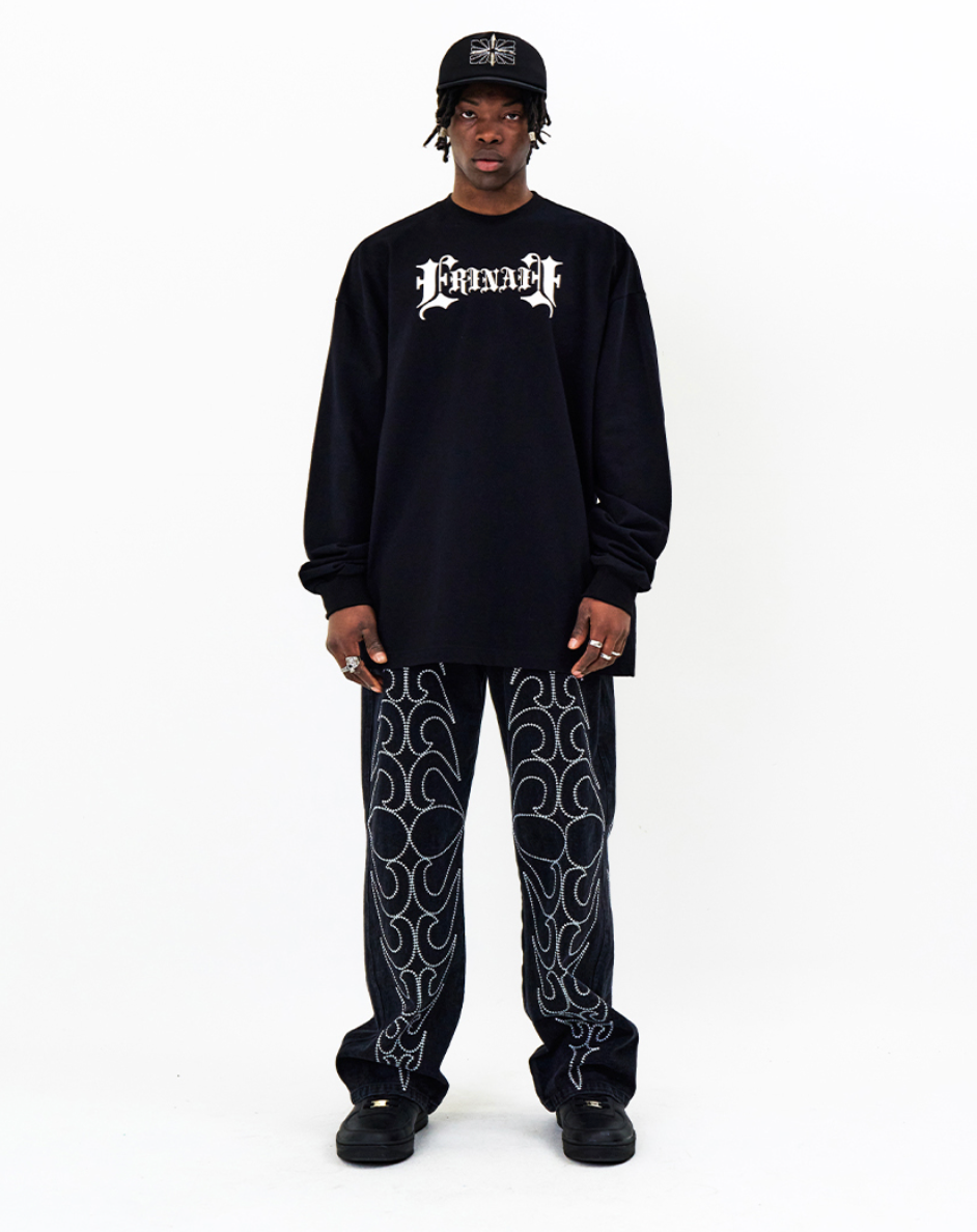 Tribal Spear Denim Pants BLACK