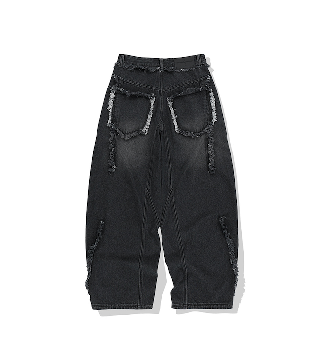 Multi Cut Off Curved Denim Pants BLACK