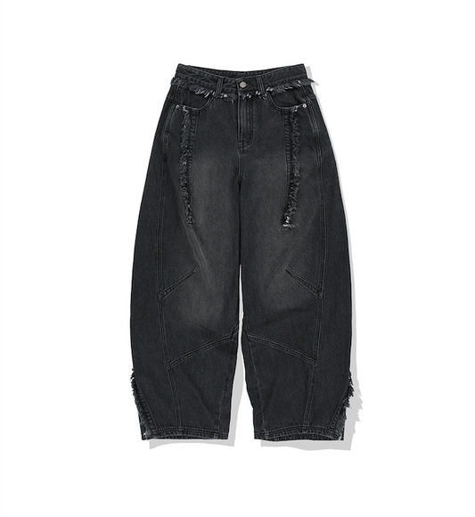 Multi Cut Off Curved Denim Pants BLACK