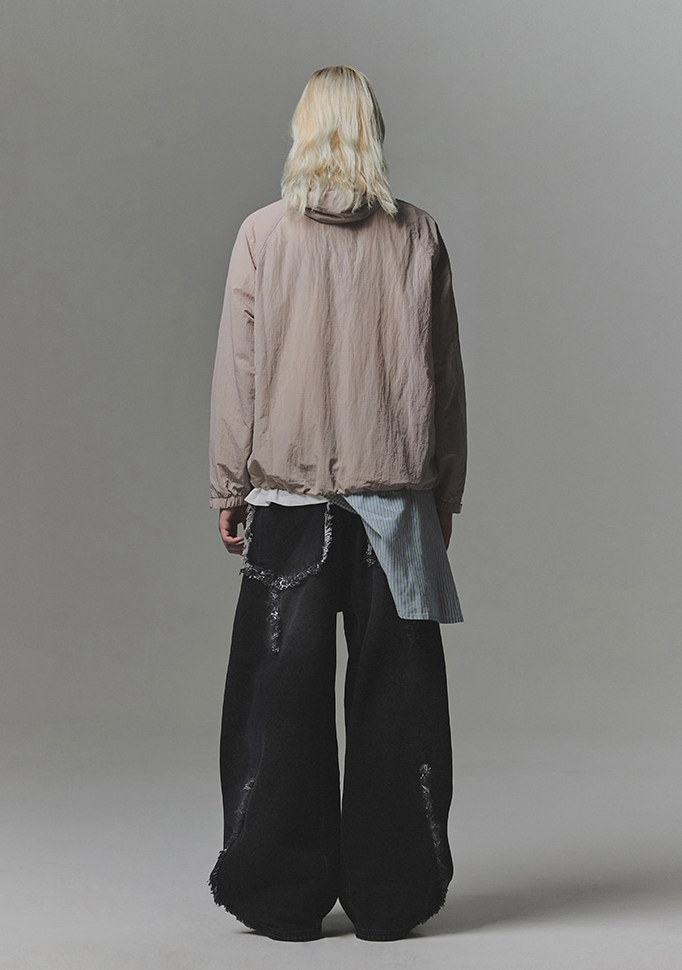 Multi Cut Off Curved Denim Pants BLACK
