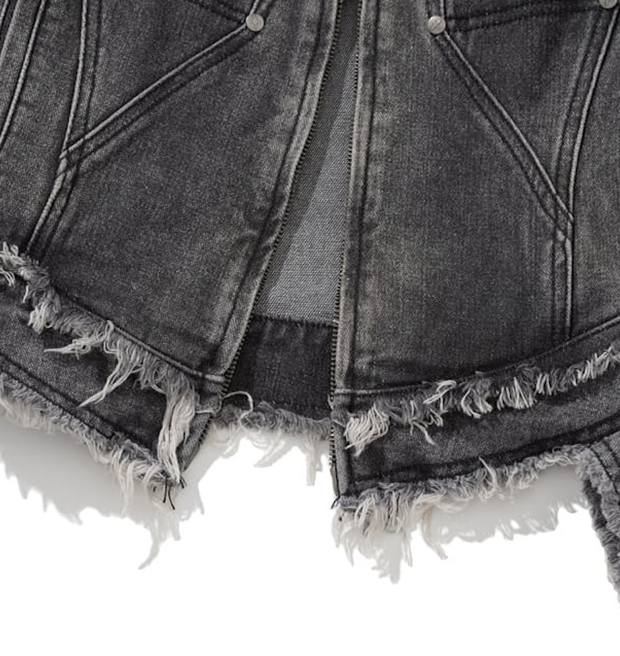 W Cut Off Incision Vintage Denim Jacket BLACK