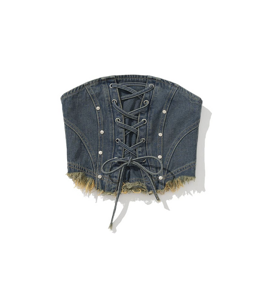 W Eyelet Vintage Denim Corset DEEP BLUE