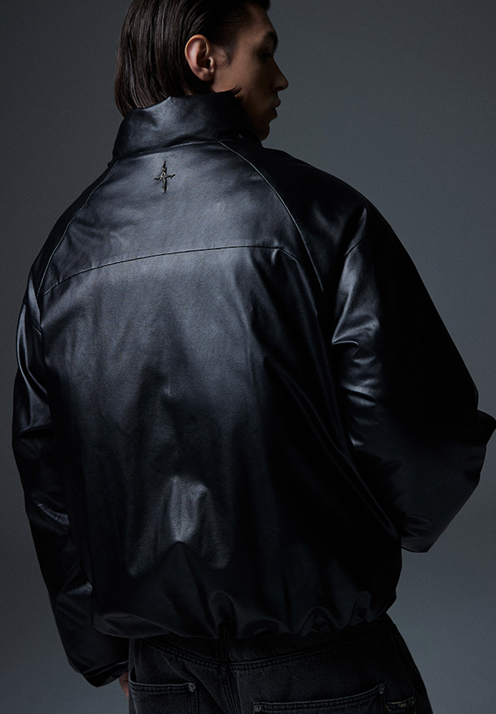 Leather Incision Puffer Jacket BLACK