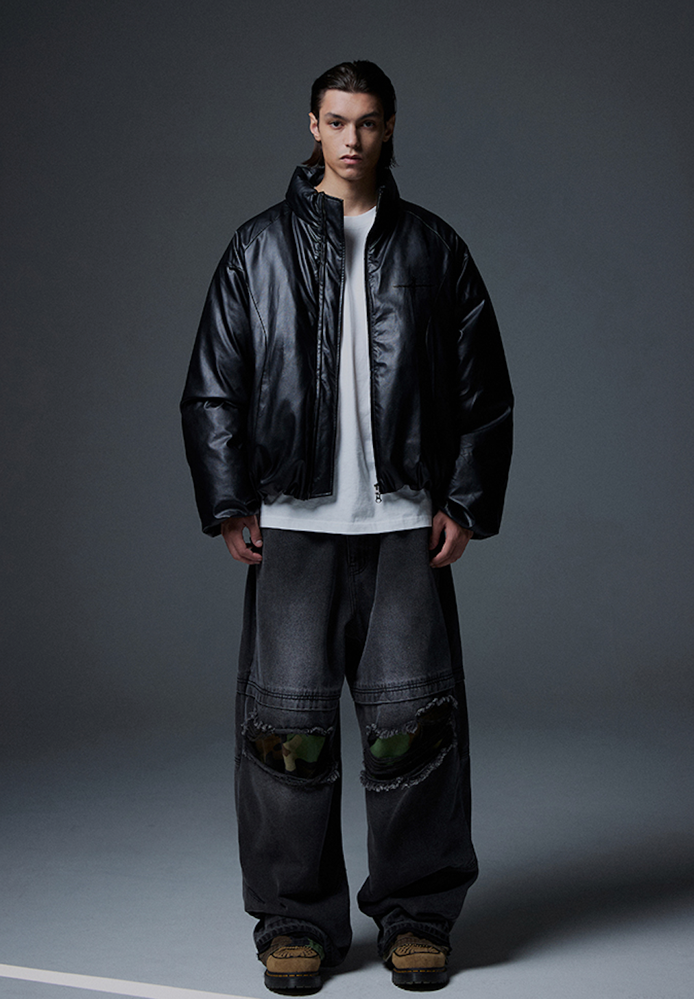 Leather Incision Puffer Jacket BLACK