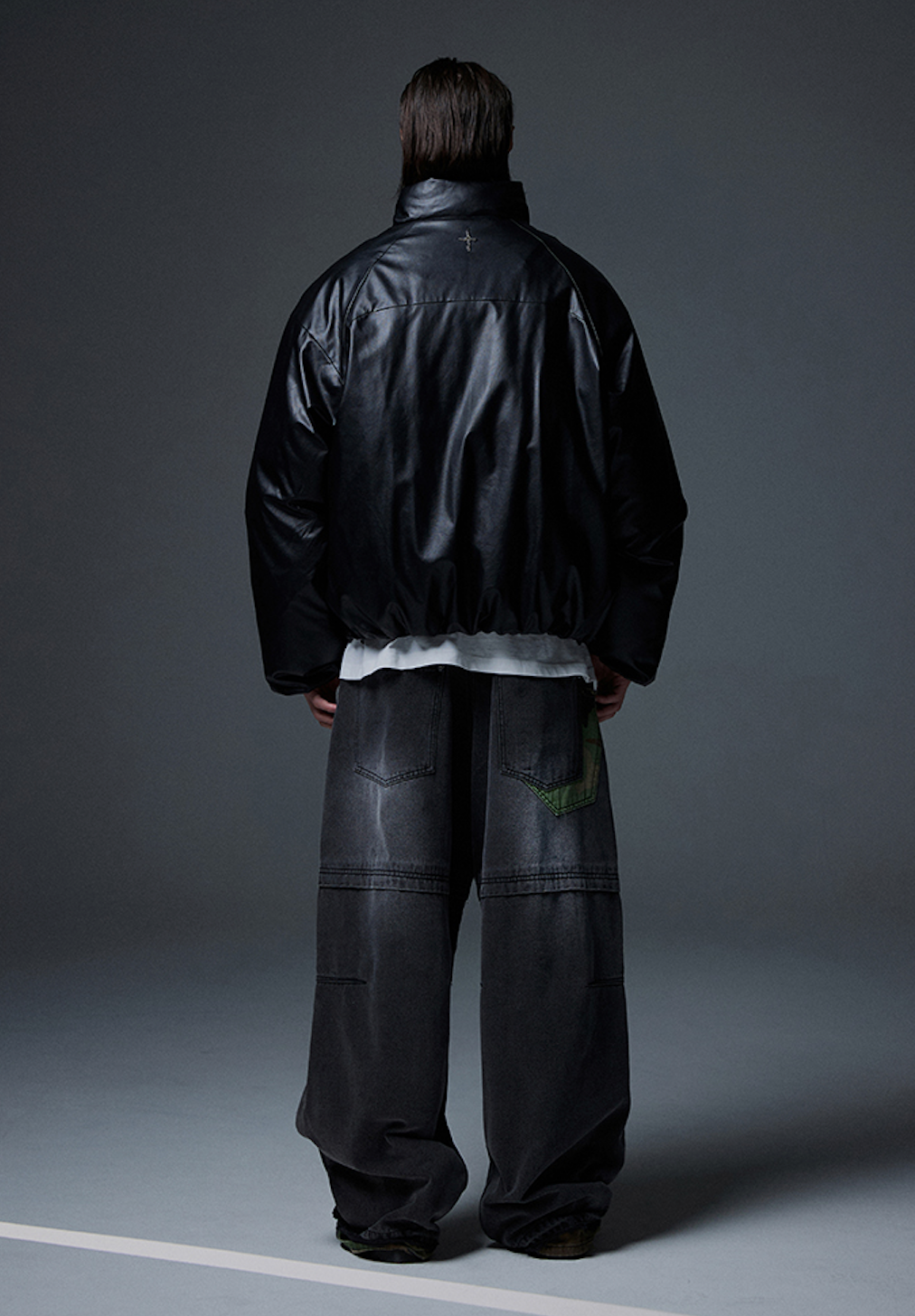 Leather Incision Puffer Jacket BLACK