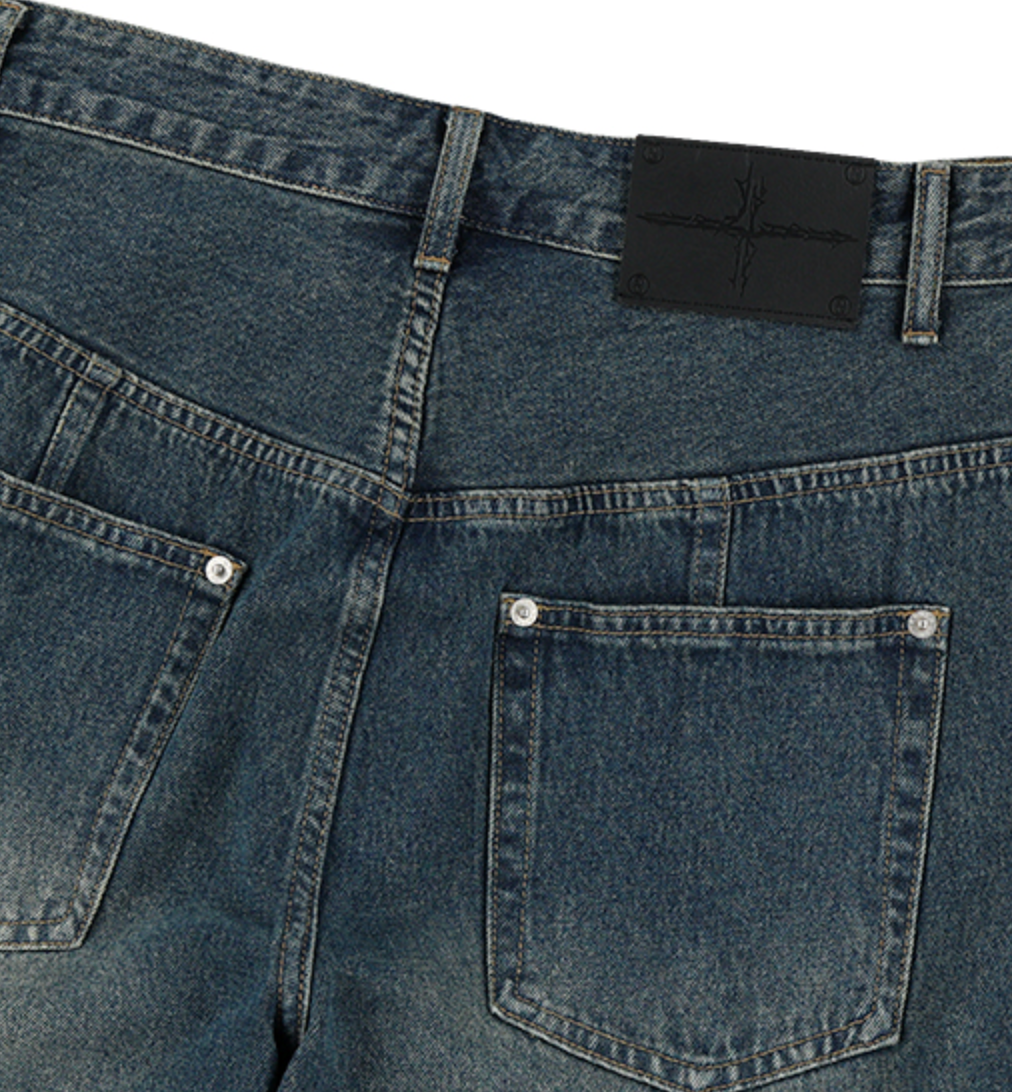 Multi Panel Dart Curved Denim Pants DEEP BLUE