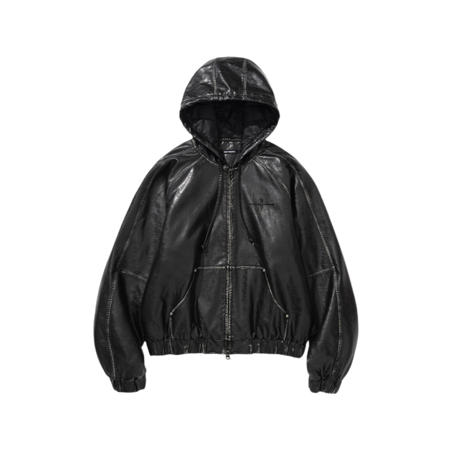 Crop Leather Vintage Hooded Jacket BLACK