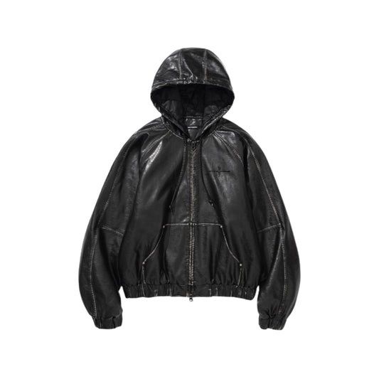 Crop Leather Vintage Hooded Jacket BLACK