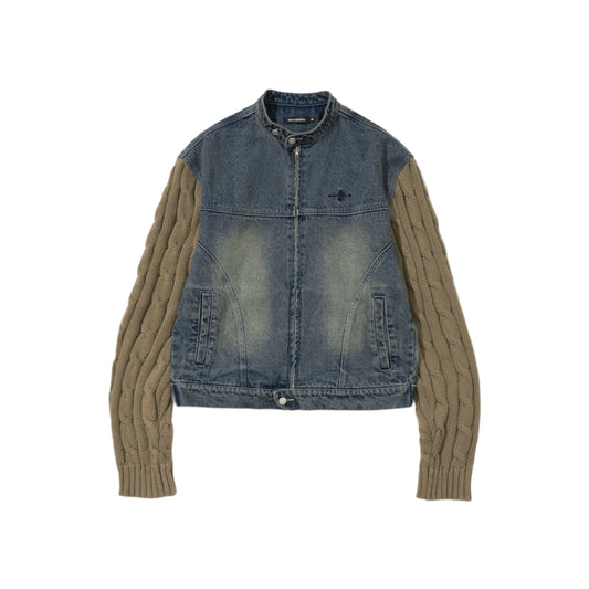 Knit Sleeve Denim Jacket DEEP BLUE