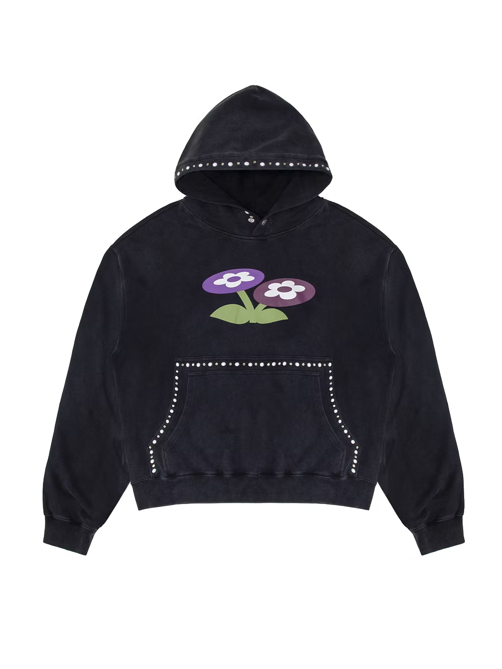 Two Flower Studded Hoodie WASHED BLACK