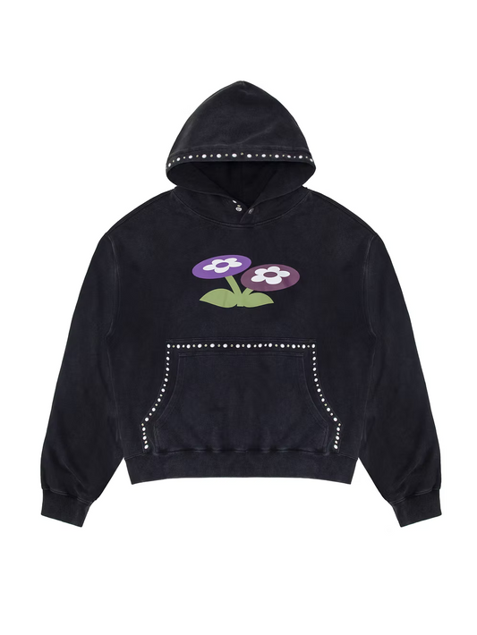 Two Flower Studded Hoodie WASHED BLACK