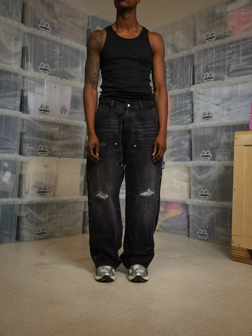 Vintage Washed Double Knee Pants BLACK