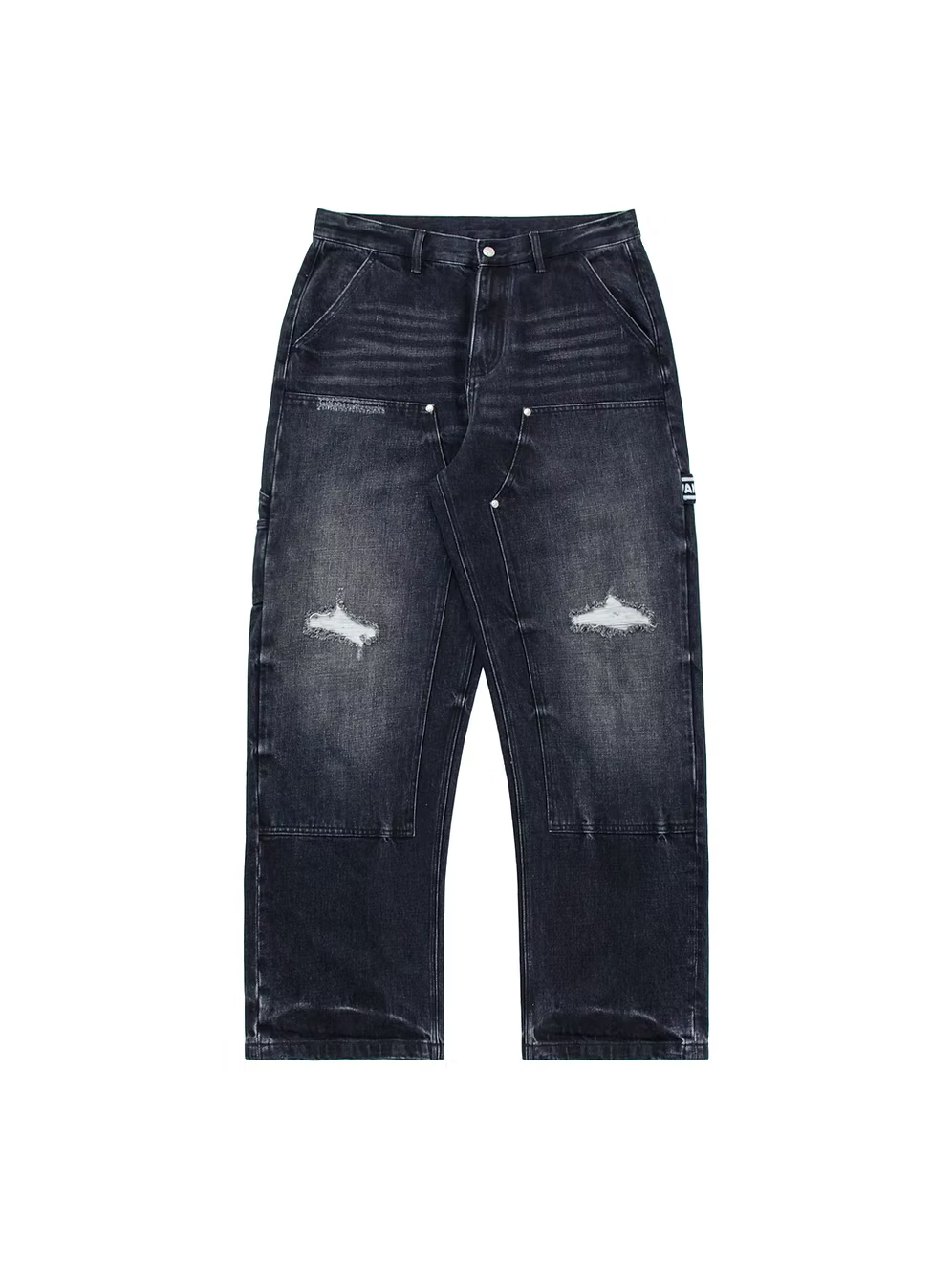 Vintage Washed Double Knee Pants BLACK