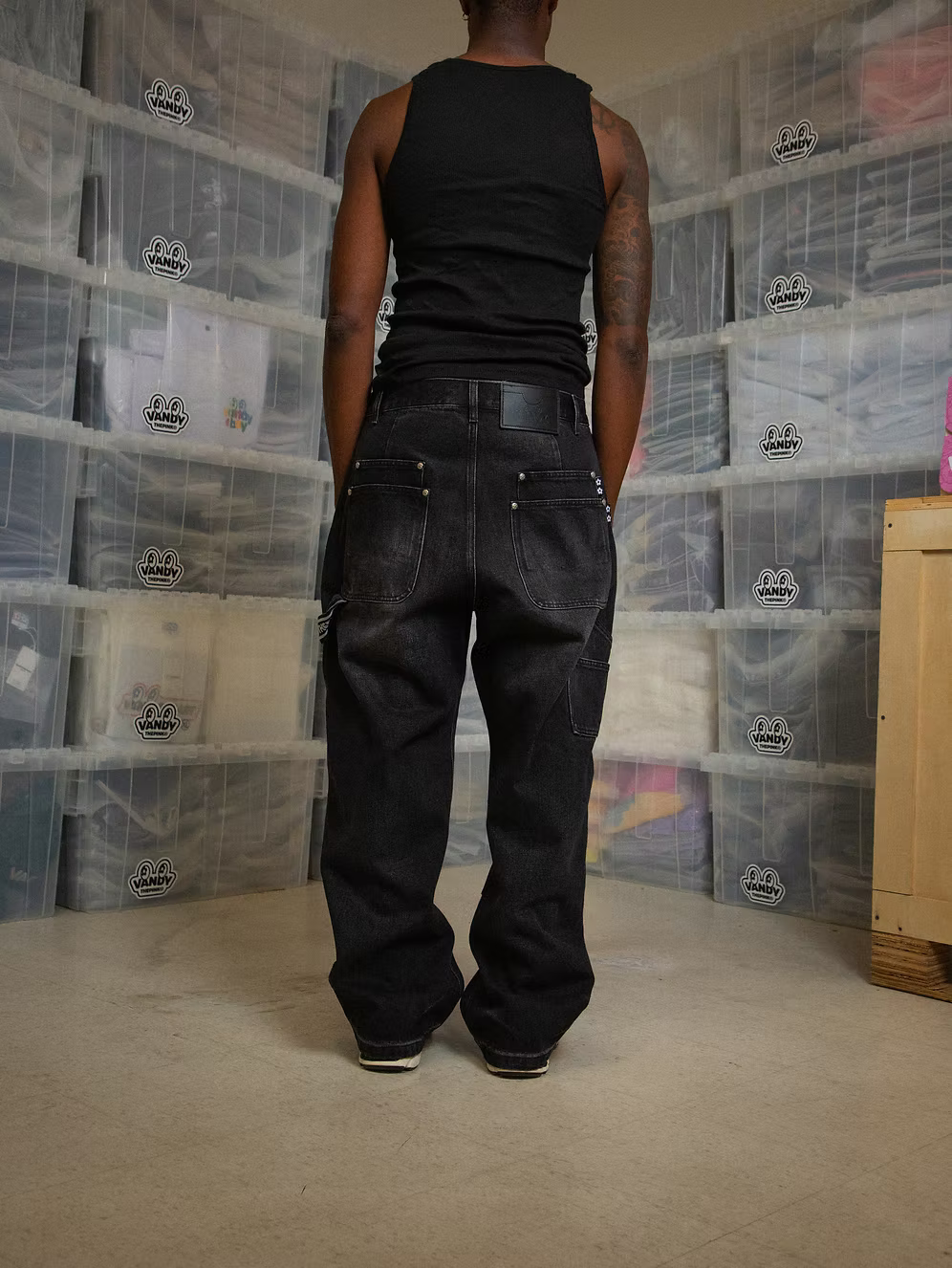 Vintage Washed Double Knee Pants BLACK