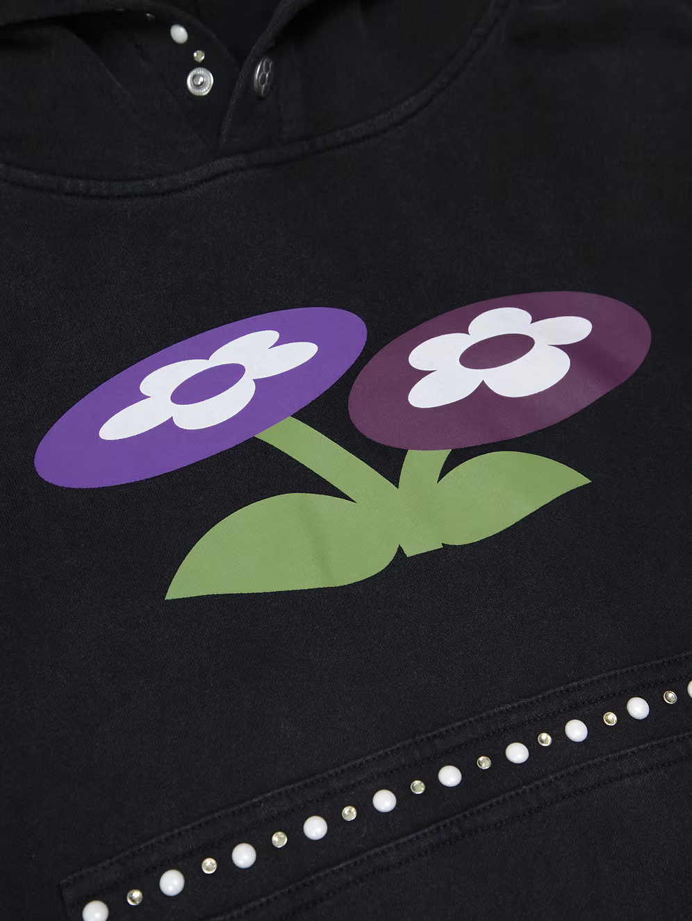 Two Flower Studded Hoodie WASHED BLACK