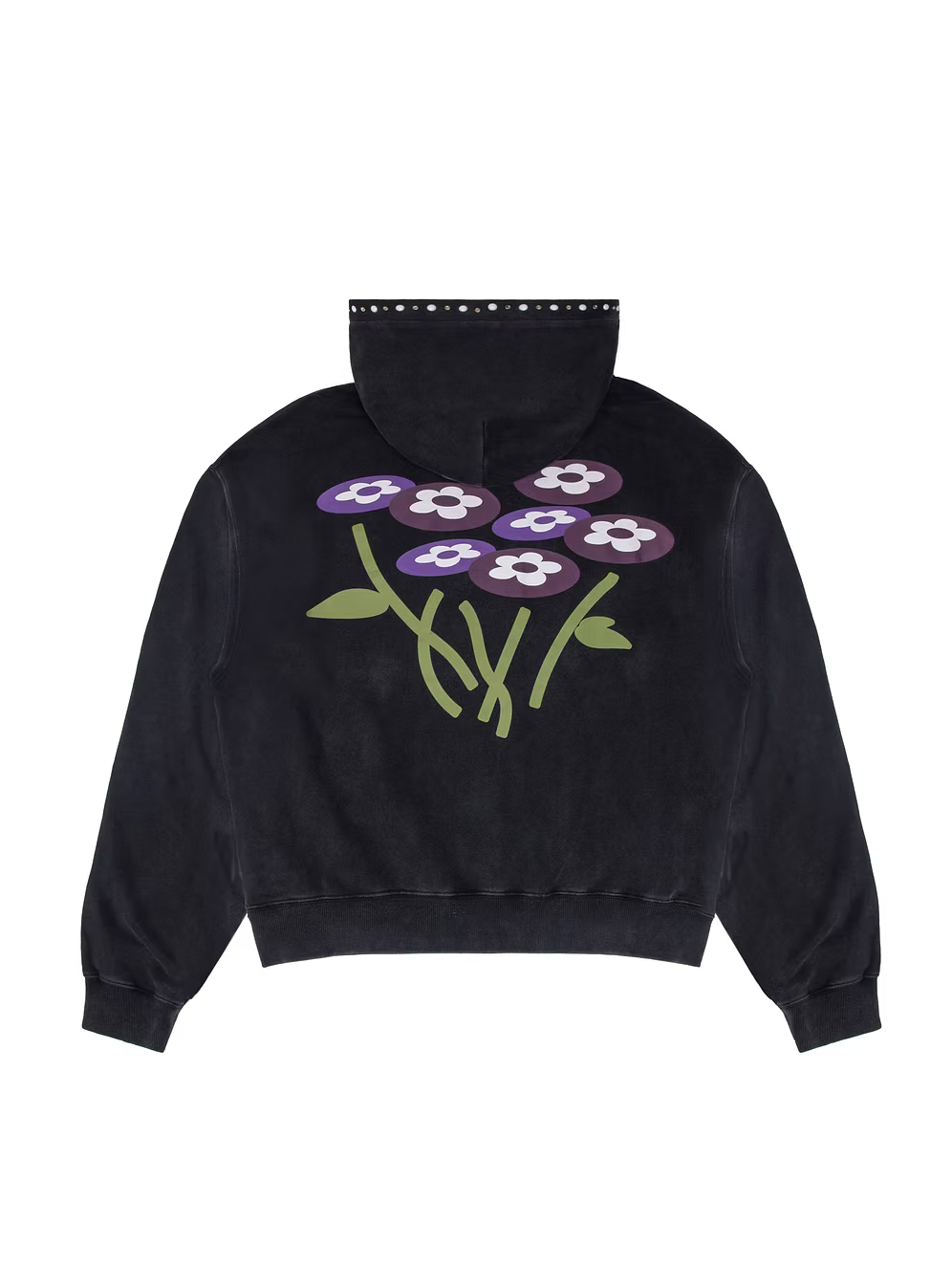 Two Flower Studded Hoodie WASHED BLACK