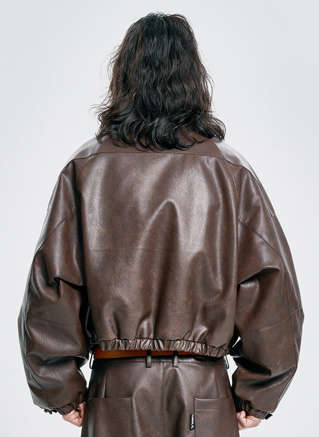 Vegan Leather Short Blouson Set BROWN