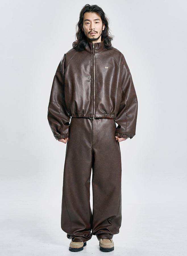 Vegan Leather Short Blouson Set BROWN