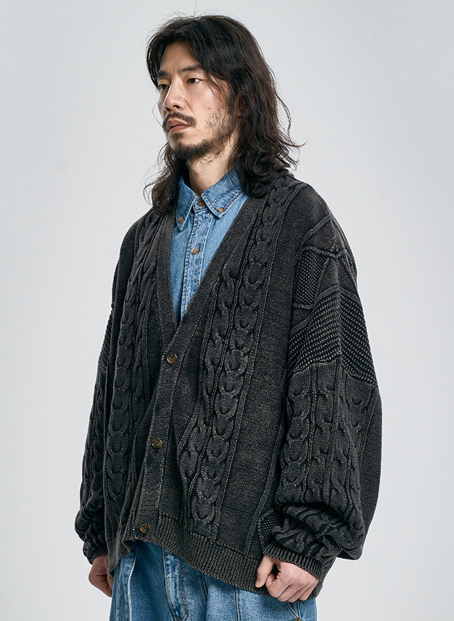 Cable Washed Cardigan BLACK