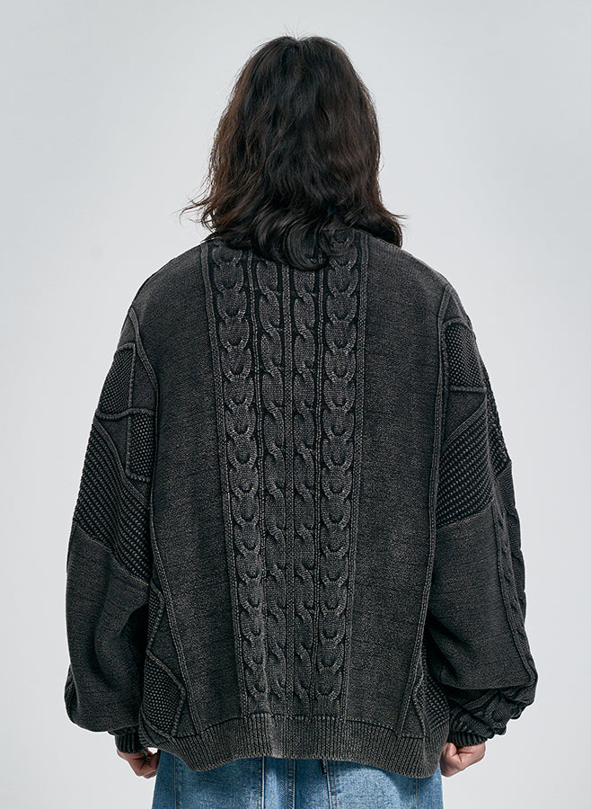 Cable Washed Cardigan BLACK