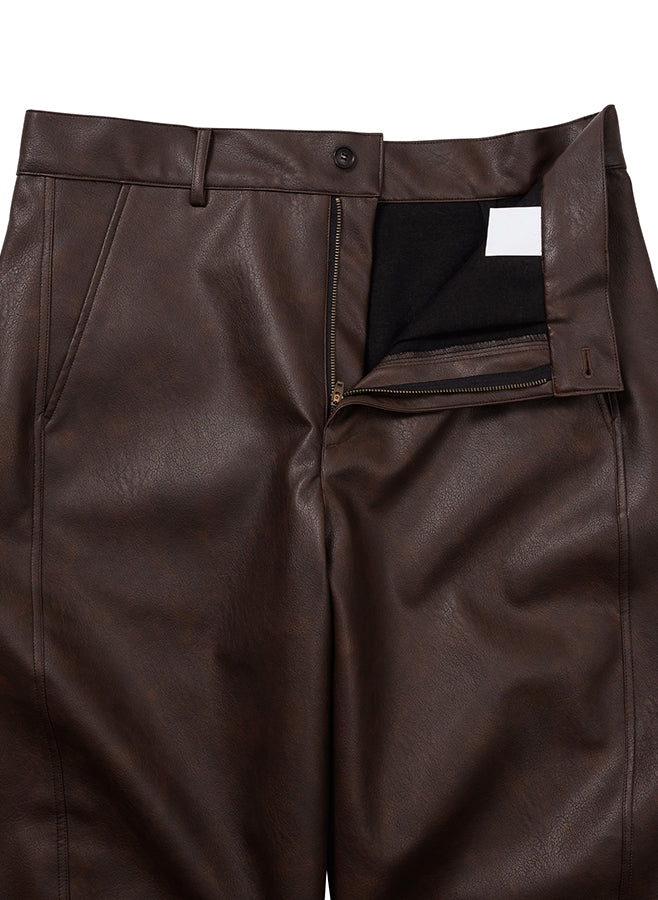 Vegan Leather Curved Pants BROWN