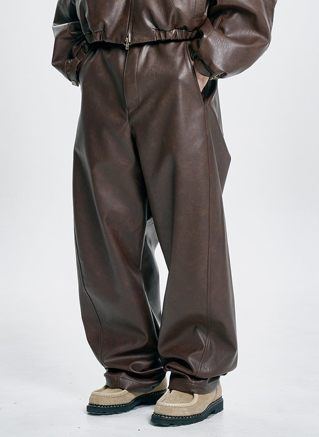 Vegan Leather Short Blouson Set BROWN