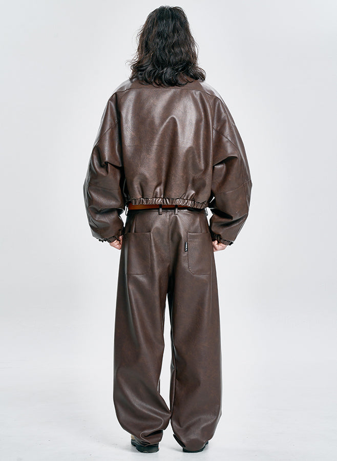 Vegan Leather Short Blouson Set BROWN