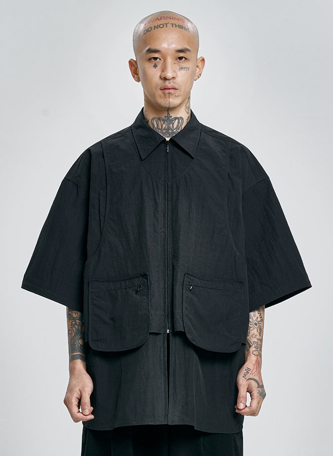 Layered Vest Nylon Shirt BLACK