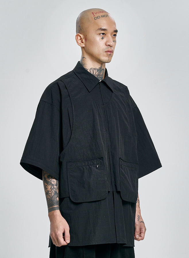 Layered Vest Nylon Shirt BLACK