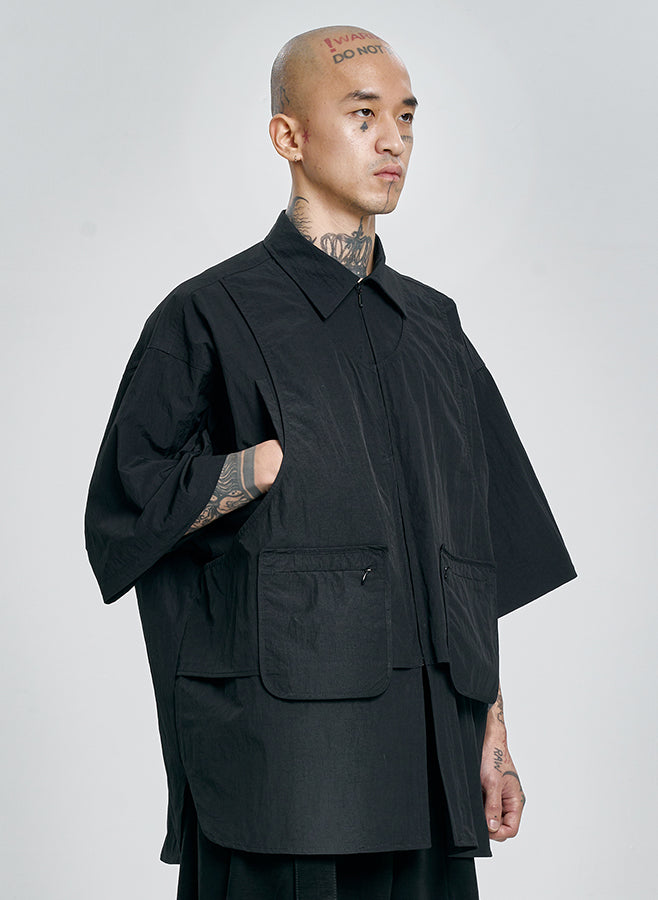 Layered Vest Nylon Shirt BLACK